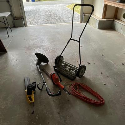 G1455 American Push Lawn Mower, Edge Trimmer, & Chainsaws Lot
