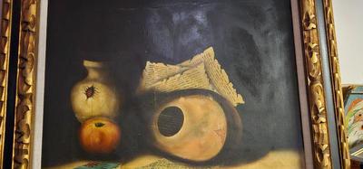 Large Painting Still Life with Vase, Fruit, Instrument