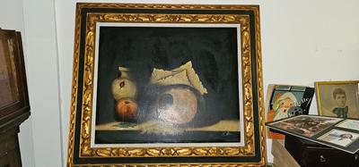 Large Painting Still Life with Vase, Fruit, Instrument