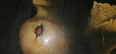 Large Painting Still Life with Vase, Fruit, Instrument