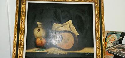 Large Painting Still Life with Vase, Fruit, Instrument