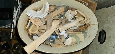 Metal bucket with Lion's Heads handles full of bones, stones and glass