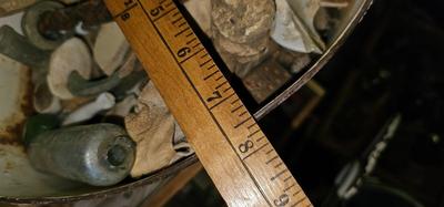 Metal bucket with Lion's Heads handles full of bones, stones and glass