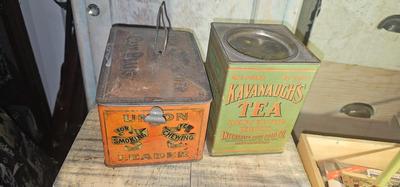2 vintage tins Union Leader Tobacco and Kavanaugh's Coffee