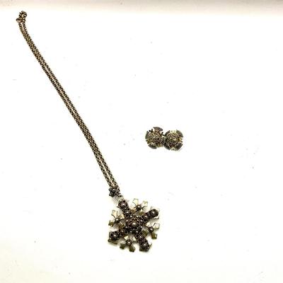 D1565 Vintage Jerusalem Cross Pendant on Chain and Clip Earring