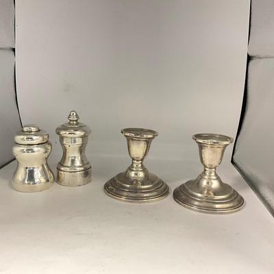 D1568 Pair of Weighted Sterling Silver Candlesticks & Salt Pepper Grinders