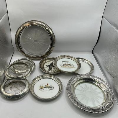 D1569 Lot of Sterling Silver Rimmed Crystal Coasters and Plate