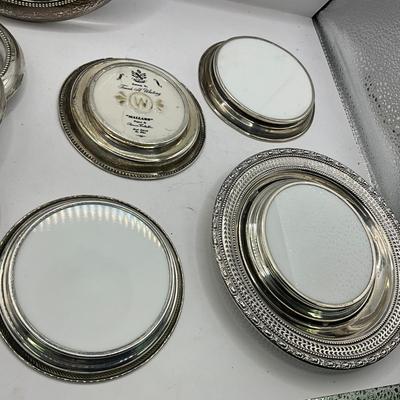 D1569 Lot of Sterling Silver Rimmed Crystal Coasters and Plate