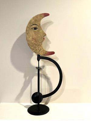 K596 Vintage Cast Metal Kenetic Moon Sculpture with Moving Eye