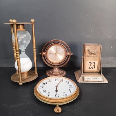 LOT 25: Swiza Sheffield 8-Day Desk Clock, Grammes Perpetual Flip Calendar, Brass Hourglass & Black Starr & Frost 8-Day Desk Clock