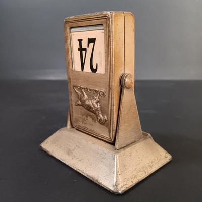 LOT 25: Swiza Sheffield 8-Day Desk Clock, Grammes Perpetual Flip Calendar, Brass Hourglass & Black Starr & Frost 8-Day Desk Clock