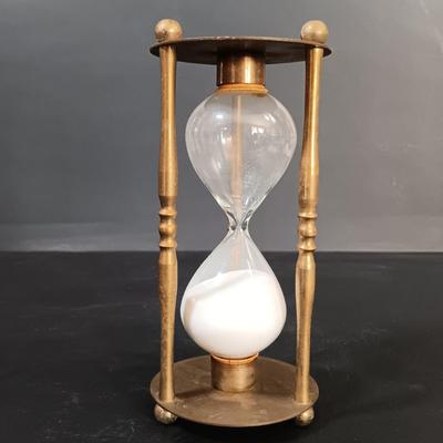 LOT 25: Swiza Sheffield 8-Day Desk Clock, Grammes Perpetual Flip Calendar, Brass Hourglass & Black Starr & Frost 8-Day Desk Clock