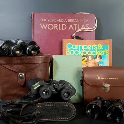 LOT 27: Set of (3) Binoculars Gavet Paris, Swift Rainier and Mercury w/ Books & Vintage Acme Whistle