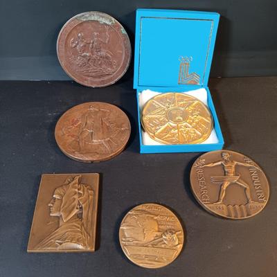 LOT 213: Set of (6) Bronze Medals- Alsace Medal, 1955 American Society of Engineers, 1980 Winter Olympics & More