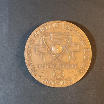 LOT 213: Set of (6) Bronze Medals- Alsace Medal, 1955 American Society of Engineers, 1980 Winter Olympics & More