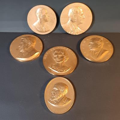 LOT 216: Set of (6) Bronze Medals- Jonas E. Salk, Robert Frost, FDR & More