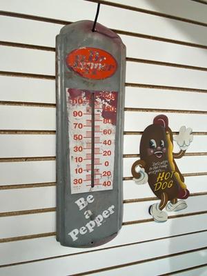 VINTAGE ORIGINAL DR PEPPER THERMOMETER AND A REPLICA HOTDOG AT THE MOVIES SIGN