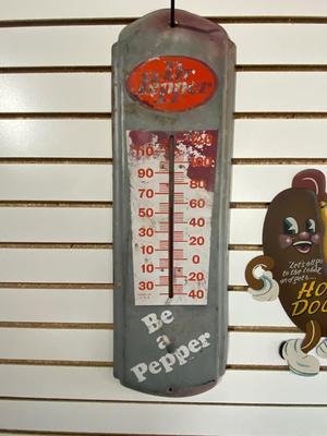 VINTAGE ORIGINAL DR PEPPER THERMOMETER AND A REPLICA HOTDOG AT THE MOVIES SIGN