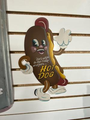 VINTAGE ORIGINAL DR PEPPER THERMOMETER AND A REPLICA HOTDOG AT THE MOVIES SIGN
