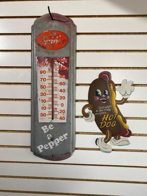VINTAGE ORIGINAL DR PEPPER THERMOMETER AND A REPLICA HOTDOG AT THE MOVIES SIGN