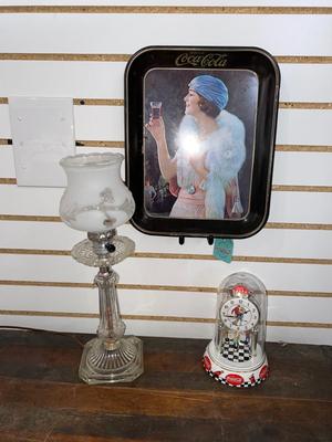 VINTAGE COCA-COLA TRAY & ANNIVERSARY CLOCK PLUS A GLASS LAMP