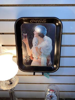 VINTAGE COCA-COLA TRAY & ANNIVERSARY CLOCK PLUS A GLASS LAMP