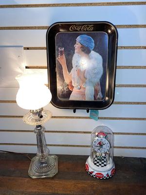 VINTAGE COCA-COLA TRAY & ANNIVERSARY CLOCK PLUS A GLASS LAMP