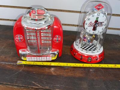ENESCO 1996 DIECAST COCA-COLA JUKEBOX MUSICAL BANK & BRAND NEW COCA-COLA ANNIVERSARY CLOCK