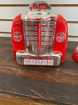 ENESCO 1996 DIECAST COCA-COLA JUKEBOX MUSICAL BANK & BRAND NEW COCA-COLA ANNIVERSARY CLOCK