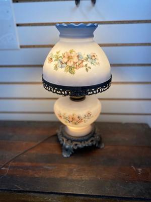 BABY BLUE FLORAL WHITE MILK GLASS GLOBE LAMP