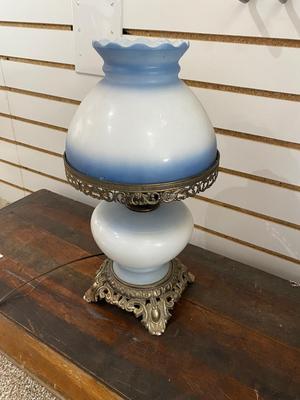 BABY BLUE FLORAL WHITE MILK GLASS GLOBE LAMP