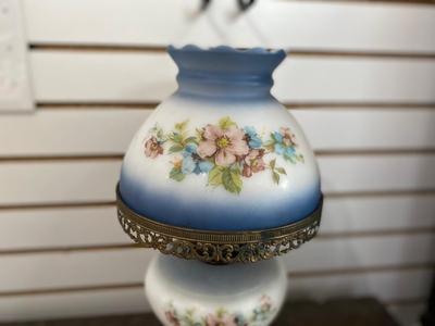 BABY BLUE FLORAL WHITE MILK GLASS GLOBE LAMP