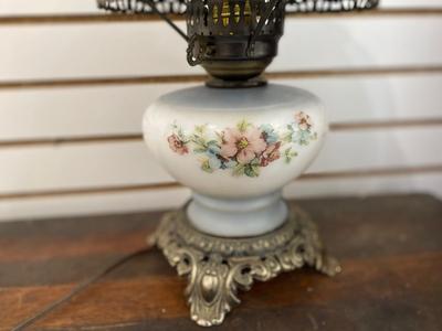 BABY BLUE FLORAL WHITE MILK GLASS GLOBE LAMP