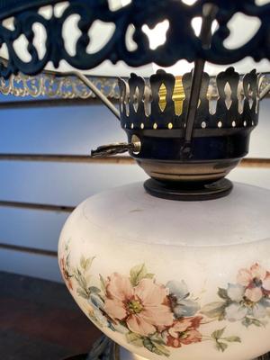 BABY BLUE FLORAL WHITE MILK GLASS GLOBE LAMP