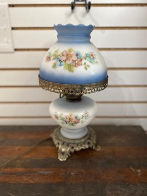 BABY BLUE FLORAL WHITE MILK GLASS GLOBE LAMP