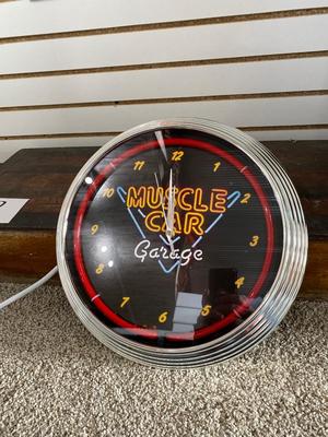 LED NEON MUSCLE CAR GARAGE WALL CLOCK AND DODGE CHALLENGER WALL HANGING