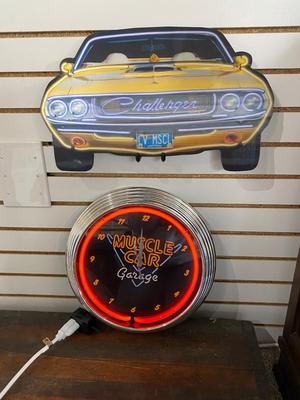 LED NEON MUSCLE CAR GARAGE WALL CLOCK AND DODGE CHALLENGER WALL HANGING