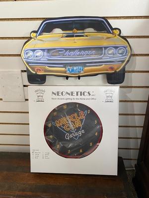 LED NEON MUSCLE CAR GARAGE WALL CLOCK AND DODGE CHALLENGER WALL HANGING