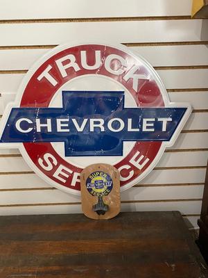 TIN CHEVROLET TRUCK SERVICE SIGN AND CHEVY SUPER SERVICE BOTTLE OPENER
