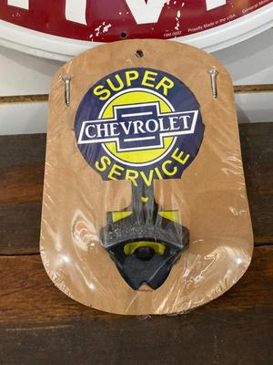 TIN CHEVROLET TRUCK SERVICE SIGN AND CHEVY SUPER SERVICE BOTTLE OPENER