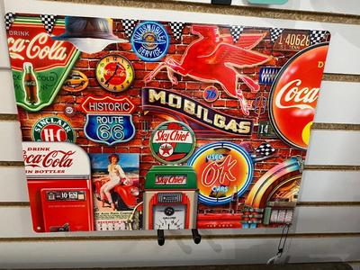 TIN NOVELTY RETRO SIGN, ROUTE 66 SIGN AND HAND PINSTRIPED OIL CAN BY LOCAL ARTIST “IZZY”