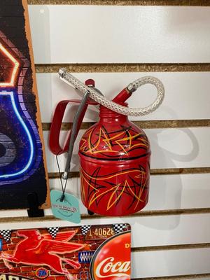 TIN NOVELTY RETRO SIGN, ROUTE 66 SIGN AND HAND PINSTRIPED OIL CAN BY LOCAL ARTIST “IZZY”