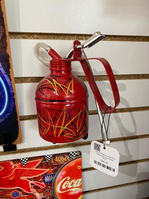 TIN NOVELTY RETRO SIGN, ROUTE 66 SIGN AND HAND PINSTRIPED OIL CAN BY LOCAL ARTIST “IZZY”