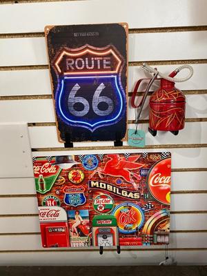 TIN NOVELTY RETRO SIGN, ROUTE 66 SIGN AND HAND PINSTRIPED OIL CAN BY LOCAL ARTIST “IZZY”