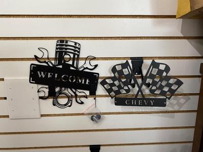 COOL BLACK STAMPED METAL CHEVY W/CHECKERED FLAG SIGN AND WELCOME SIGN WITH PISTON AND WRENCHES