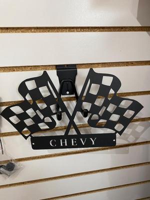 COOL BLACK STAMPED METAL CHEVY W/CHECKERED FLAG SIGN AND WELCOME SIGN WITH PISTON AND WRENCHES