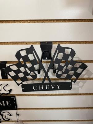 COOL BLACK STAMPED METAL CHEVY W/CHECKERED FLAG SIGN AND WELCOME SIGN WITH PISTON AND WRENCHES