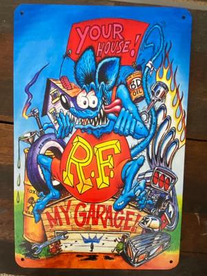 RAT FINK SIGNAGE HOOD ORNAMENT, LICENSE PLATE ACCESSORY, AND CUSTOM METAL DECALS