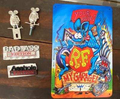 RAT FINK SIGNAGE HOOD ORNAMENT, LICENSE PLATE ACCESSORY, AND CUSTOM METAL DECALS