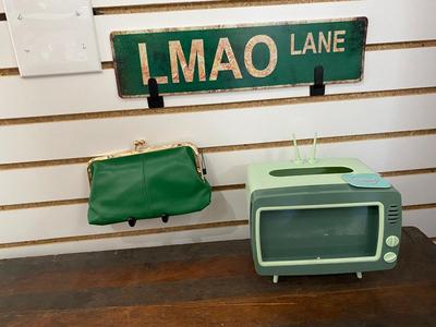RETRO LOOK TELEVISION TISSUE HOLDER/PHONE HOLDER COMBO, GREEN CLUTCH AND LMAO LANE. SIGN